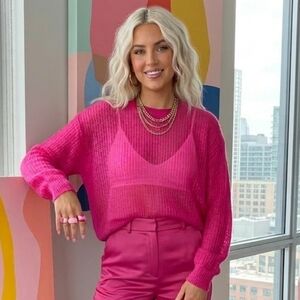 NWT Scotch & Sode XS Modern Contemporary Barbiecore Fuzzy Open Knit Sweater